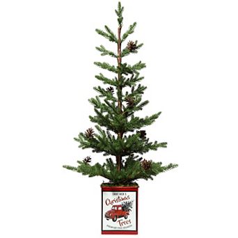 24 Inch Potted Tree with Pinecones, Metal Pot with Classic Red Truck