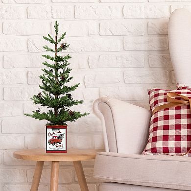 24 Inch Potted Tree with Pinecones, Metal Pot with Classic Red Truck