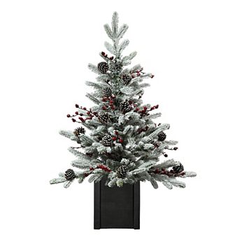 36 Inch Unlit flocked Stockhorn Potted Fir Tree with Berries and Pinecones in Black Wooden Pot
