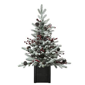 36 Inch Unlit flocked Stockhorn Potted Fir Tree with Berries and Pinecones in Black Wooden Pot