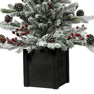 36 Inch Unlit flocked Stockhorn Potted Fir Tree with Berries and Pinecones in Black Wooden Pot