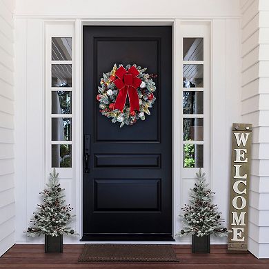 36 Inch Unlit flocked Stockhorn Potted Fir Tree with Berries and Pinecones in Black Wooden Pot