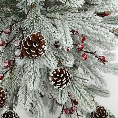 36 Inch Unlit flocked Stockhorn Potted Fir Tree with Berries and Pinecones in Black Wooden Pot