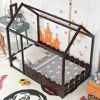 Merax Wood Bed House Bed Frame with Fence