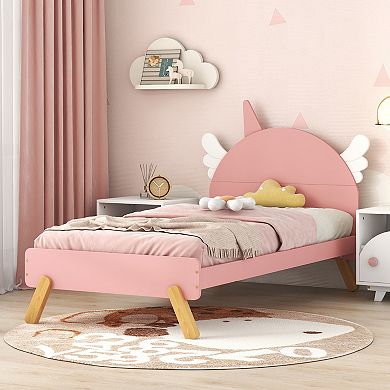 Twin Size Platform Bed，Wooden Cute Bed With Unicorn Shape Headboard