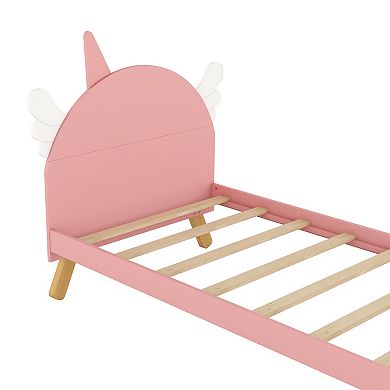 Twin Size Platform Bed，Wooden Cute Bed With Unicorn Shape Headboard