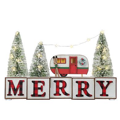 MERRY Blocks with Camper and Trees, LED Lighted, 15 Inches Long