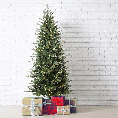 6.5 Foot Tall Slim Ashville Fir Christmas Tree with 8 Light Functions, Timer and Foot Pedal