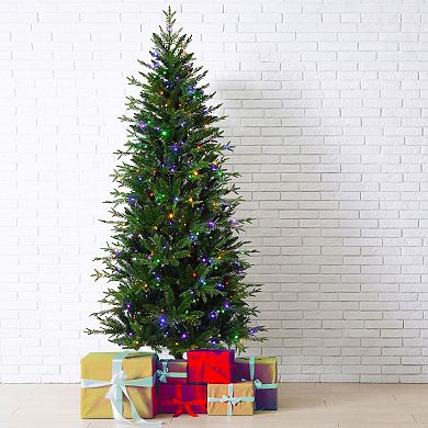 6.5 Foot Tall Slim Ashville Fir Christmas Tree with 8 Light Functions, Timer and Foot Pedal