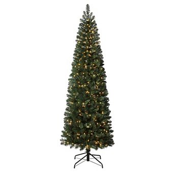 7.5 Foot Pencil Deerfield Spruce Tree with Warm Pre-Lit LED Cluster Lights and Foot Pedal