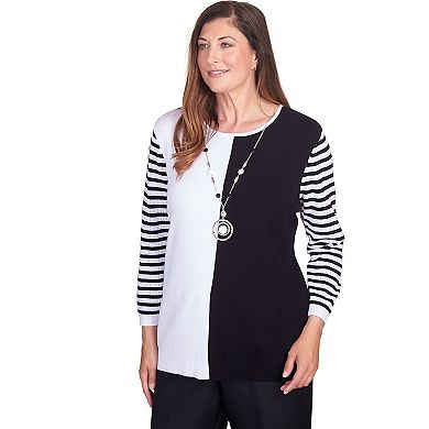 Women's Alfred Dunner Colorblock Striped Sleeve Sweater with Necklace