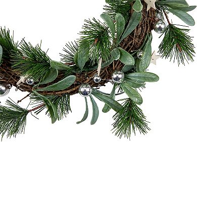 Pine Needle and Silver Ball Ornament Artificial Christmas Wreath 12-Inch Unlit