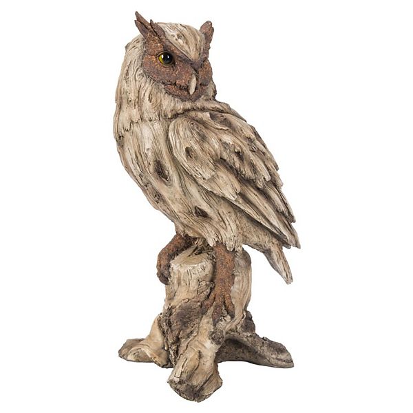 13.5" Brown Eagle Owl on a Tree Stump Driftwood Garden Statue