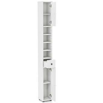 Slim Bathroom Storage Cabinet Tall Narrow Corner Organizer with Drawer and Adjustable Shelves
