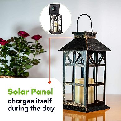 Outdoor Hanging Solar Lanterns with Flickering Candle LED and Retro Ornate Design