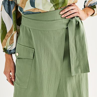 Women's Nine West Solid Twill Pull On Fake Wrap Utility Midi Skirt