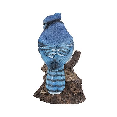 6.5" Blue and White Unique Motion Activated Singing Blue Jay Standing on Stump Figurine