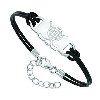 LogoArt Sterling Silver Boston Bruins Black Leather Bracelet