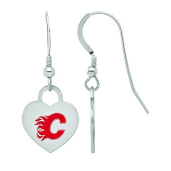 LogoArt Sterling Silver Enamel Calgary Flames Heart Drop Earrings