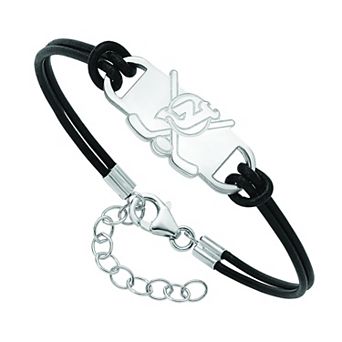 LogoArt Sterling Silver New Jersey Devils Black Leather Bracelet