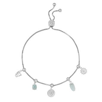 Brilliance Fine Silver Plated Cubic Zirconia, Amazonite & Crystal Adjustable Charm Bracelet