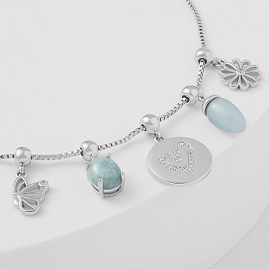 Brilliance Fine Silver Plated Cubic Zirconia, Amazonite & Crystal Adjustable Charm Bracelet