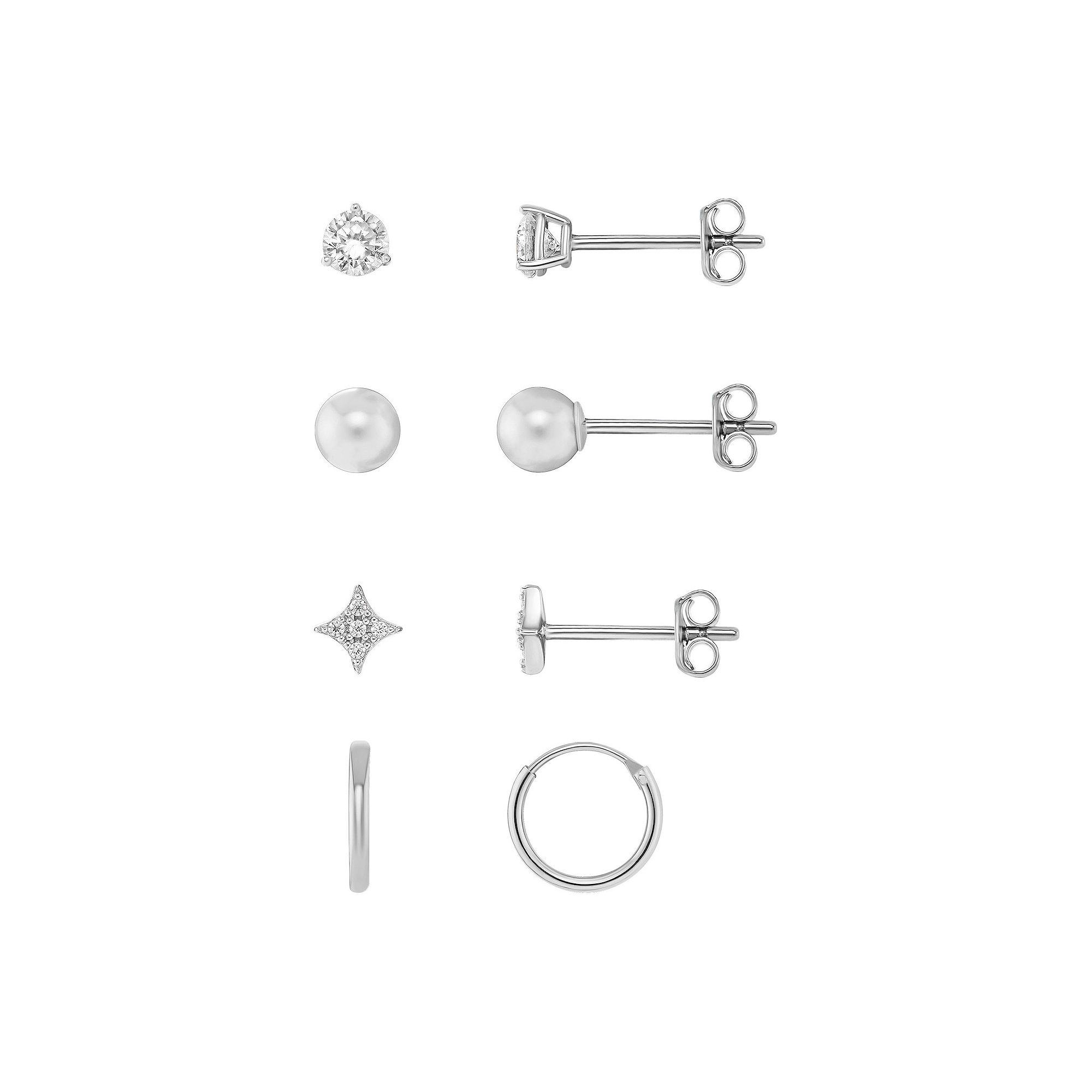 PRIMROSE Sterling Silver Cubic Zirconia Stud, Simulated Pearl Stud & Star S