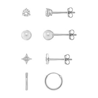 PRIMROSE Sterling Silver Cubic Zirconia Stud, Simulated Pearl Stud & Star Stud Earring Trio Set