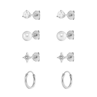 PRIMROSE Sterling Silver Cubic Zirconia Stud, Simulated Pearl Stud & Star Stud Earring Trio Set