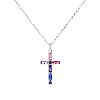 PRIMROSE Sterling Silver Multicolor Cubic Zirconia Baguette & Nano Stone Cross Pendant Necklace