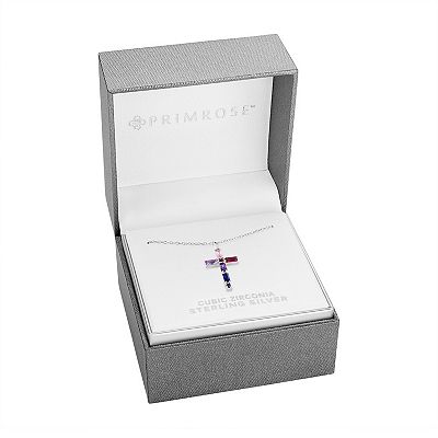 Primrose Sterling Silver Multicolor Cubic Zirconia Baguette Nano Stone Cross Pendant Necklace Women s Size 18
