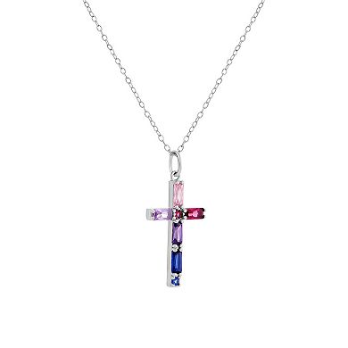 PRIMROSE Sterling Silver Multicolor Cubic Zirconia Baguette & Nano Stone Cross Pendant Necklace