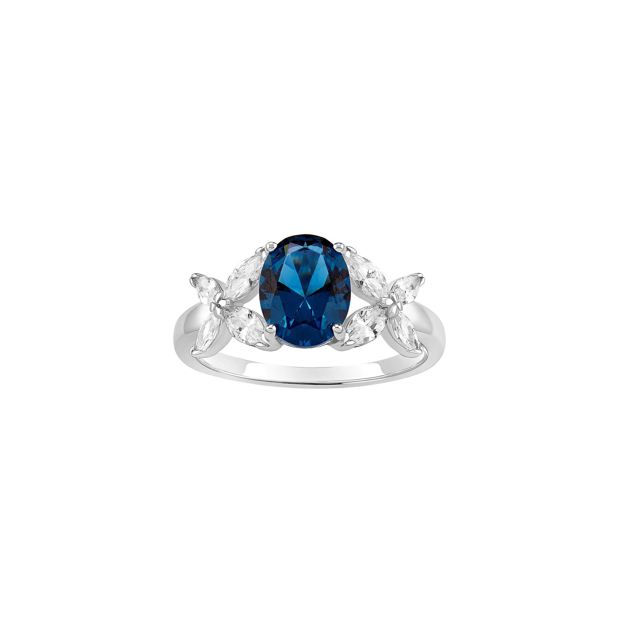 PRIMROSE Sterling Silver Oval Simulated Sapphire & Cubic Zirconia Flower Ri