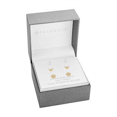 PRIMROSE 18k Gold Plated Simulated Pearl Stud, Cubic Zirconia Butterfly Stud & Flower Stud Earring Trio Set