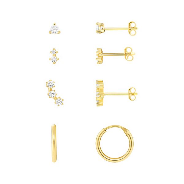 PRIMROSE 18k Gold Over Silver Cubic Zirconia Stud, Double Stud, Crawler Stud & Endless Hoop Earring Set - Yellow Gold Tone Clear