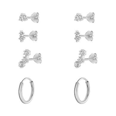 PRIMROSE 18k Gold Over Silver Cubic Zirconia Stud, Double Stud, Crawler Stud & Endless Hoop Earring Set