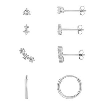 PRIMROSE 18k Gold Over Silver Cubic Zirconia Stud, Double Stud, Crawler Stud & Endless Hoop Earring Set