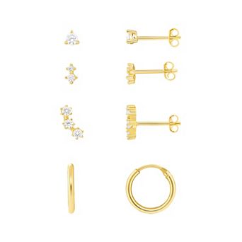 PRIMROSE 18k Gold Over Silver Cubic Zirconia Stud, Double Stud, Crawler Stud & Endless Hoop Earring Set