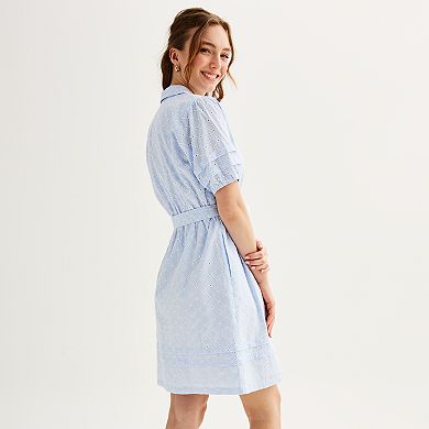 Contrast Lace Collar Button Front Puff Sleeve Black Elegant Women Summer Vintage Style Slim Pleated Dress
