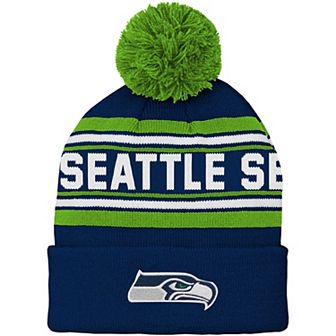 Youth College Navy Seattle Seahawks Jacquard Cuffed Knit Hat with Pom