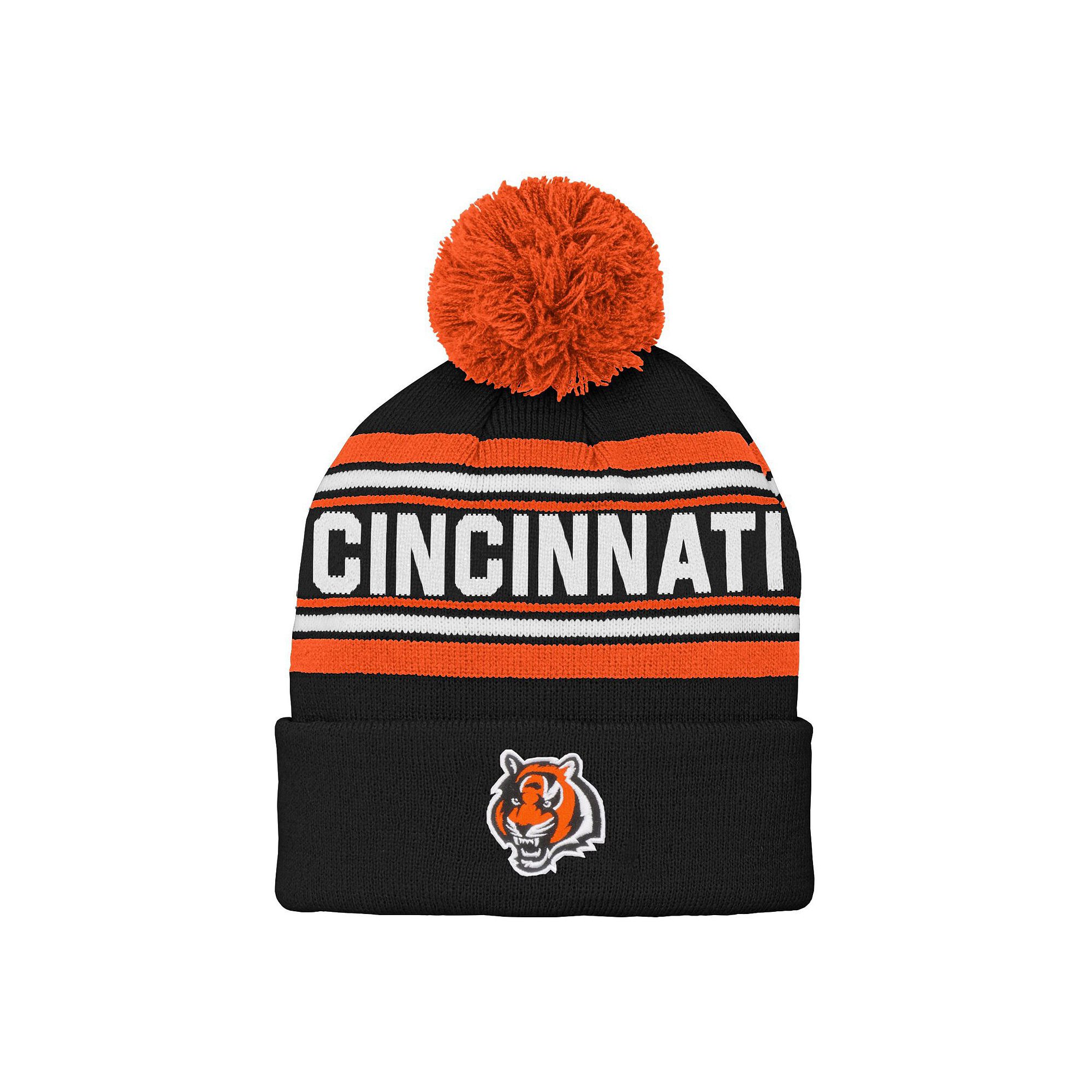 Youth Black Cincinnati Bengals Jacquard Cuffed Knit Hat with Pom