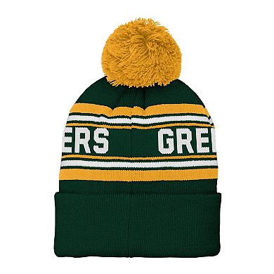 Youth Green Green Bay Packers Jacquard Cuffed Knit Hat with Pom