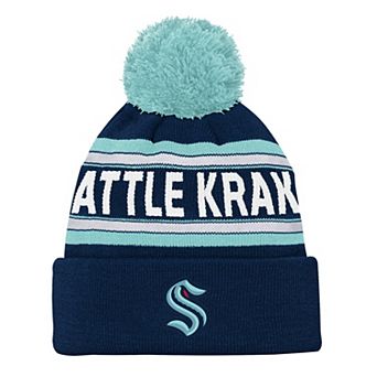 Youth Seattle Kraken Navy Jacquard Cuffed Knit Hat with Pom