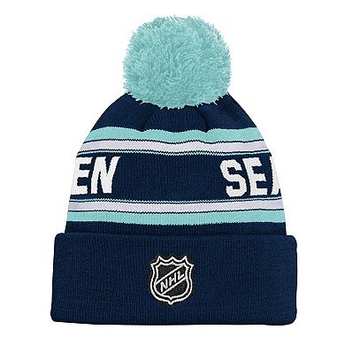 Youth Seattle Kraken Navy Jacquard Cuffed Knit Hat with Pom