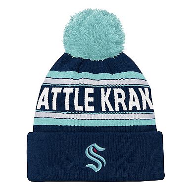 Youth Seattle Kraken Navy Jacquard Cuffed Knit Hat with Pom