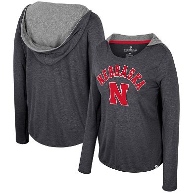 Women's Colosseum  Black Nebraska Huskers Distressed Heather Long Sleeve Hoodie T-Shirt
