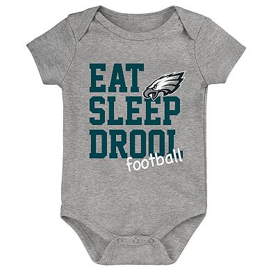 Newborn & Infant Green/Black/Heather Gray Philadelphia Eagles Three-Pack Eat, Sleep & Drool Retro Bodysuit Set