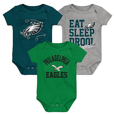 Newborn & Infant Green/Black/Heather Gray Philadelphia Eagles Three-Pack Eat, Sleep & Drool Retro Bodysuit Set