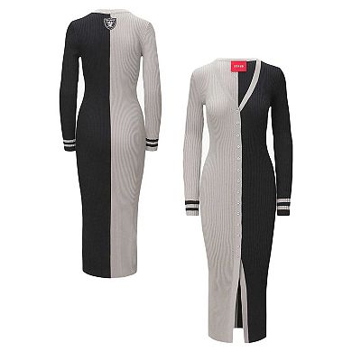 Women's Silver/Black Las Vegas Raiders Shoko Knit Button-Up Sweater Dress