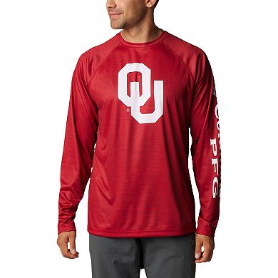 Men's Columbia Crimson Oklahoma Sooners PFG Terminal Tackle Omni-Shade Raglan Long Sleeve T-Shirt